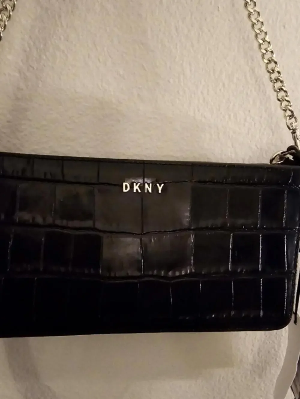 DKNY Black Croc Embossed Leather Crossbody Chain Strap NWT